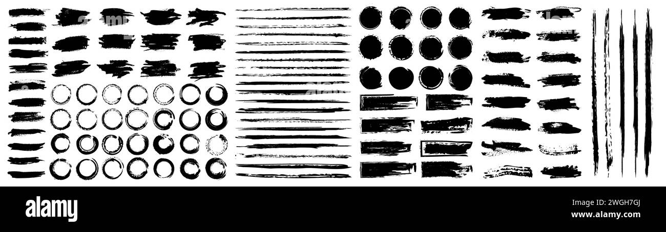 Pinselstrich eingestellt. Schwarze Pinselstriche. Farbtinte isoliert auf weißen Hintergrundelementen, Linienflecken Aquarellrahmen im japanischen oder chinesischen Pinselstil. Sammlung von Rändern. Vektordesign Stock Vektor