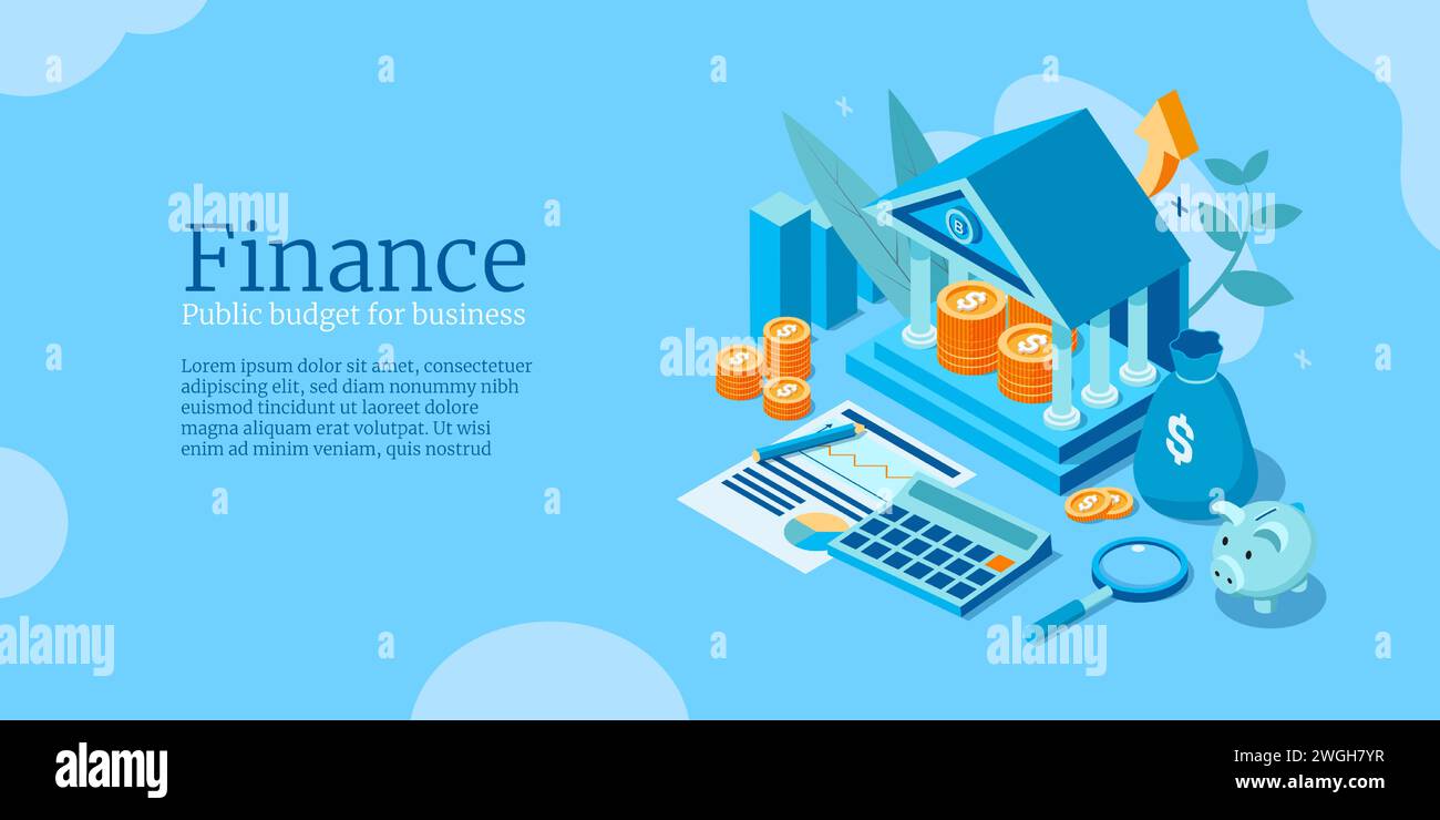 Bankgebäude. Öffentlicher Haushalt für Unternehmen. Finanzverwaltung. Steuer- und Darlehenszahlung. Finanzbuchhaltung. Schulden und Geldzuschuss. Bankeinzahlung. Investitionserlöse. Isometrischer Vektorhintergrund Stock Vektor