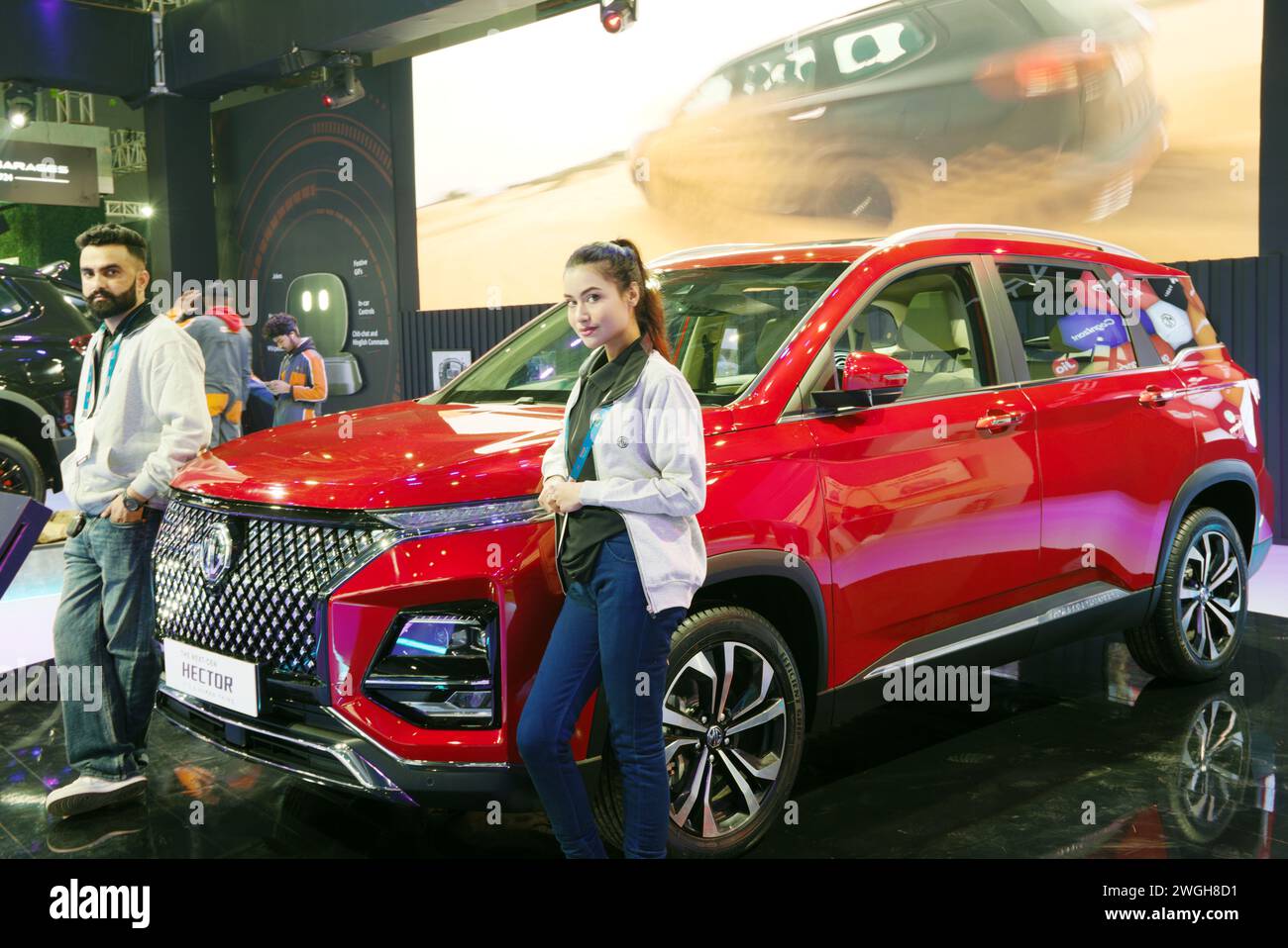 New Delhi - 1. Februar 2024: MG Hector Car wird auf der Bharat Mobility Global Expo 2024 in New Delhi in Indien gezeigt. Stockfoto