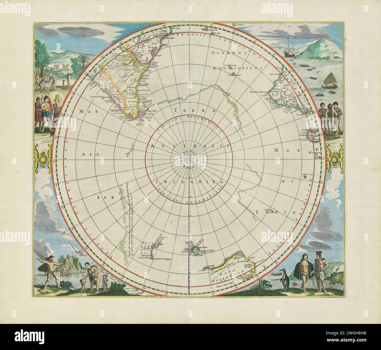 Eine alte illustrierte atlas-Kartenseite zeigt die Antarktis. Veröffentlicht von Johannes Janssonius (auch Jansson genannt), produziert circa. 1650. Stockfoto