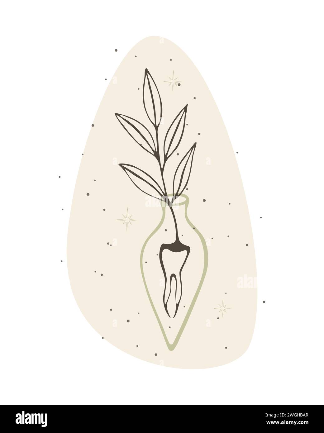 Geheimnisvolles magisches Gift. Illustration einer unwirklichen Pflanze, die aus der Zahnwurzel auftaucht, auf buntem beigem Hintergrund, Trank, Taro, Hexenflasche Stock Vektor