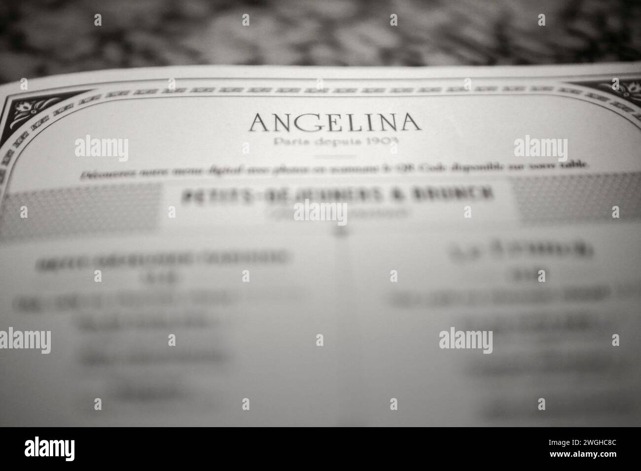Ein Blick auf ein verschwommenes Menü aus dem berühmten Angelina Café in Paris, Frankreich, das Vorfreude und kulinarische Fantasie einlädt. Stockfoto