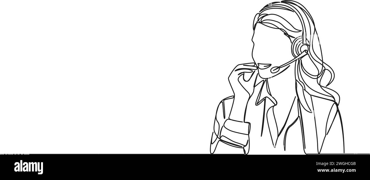 Fortlaufende Zeichnung einer Callcenter-Mitarbeiterin mit Headset während des Anrufs, Illustration des Zeilenbilds Stock Vektor