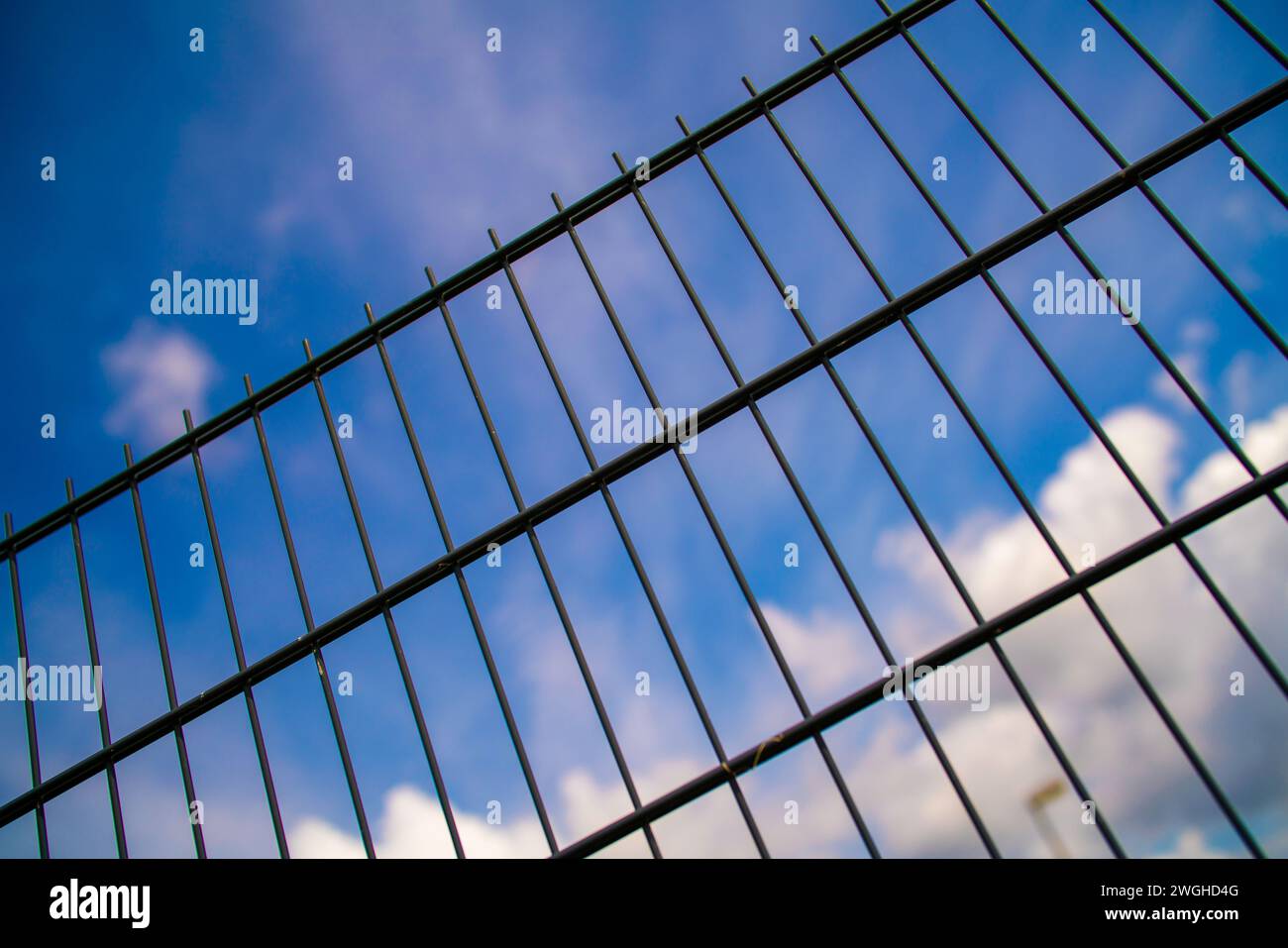 Ein Metallzaun mit blauem Himmel im Hintergrund. Der Zaun besteht aus Metall und der Himmel ist in einem klaren Blau. Das Bild deutet auf ein Gefühl von Offenheit hin Stockfoto