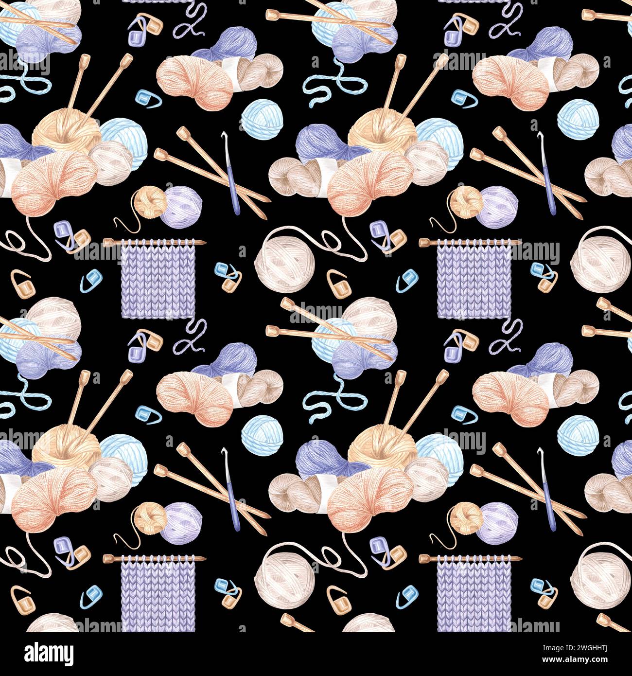 Nahtloses Muster von Knäuel und Garnknäuel, Stoffprobe und Stricknadeln auf schwarzem Hintergrund. Aquarellhintergrund mit Nadelstilen. Temp Stockfoto