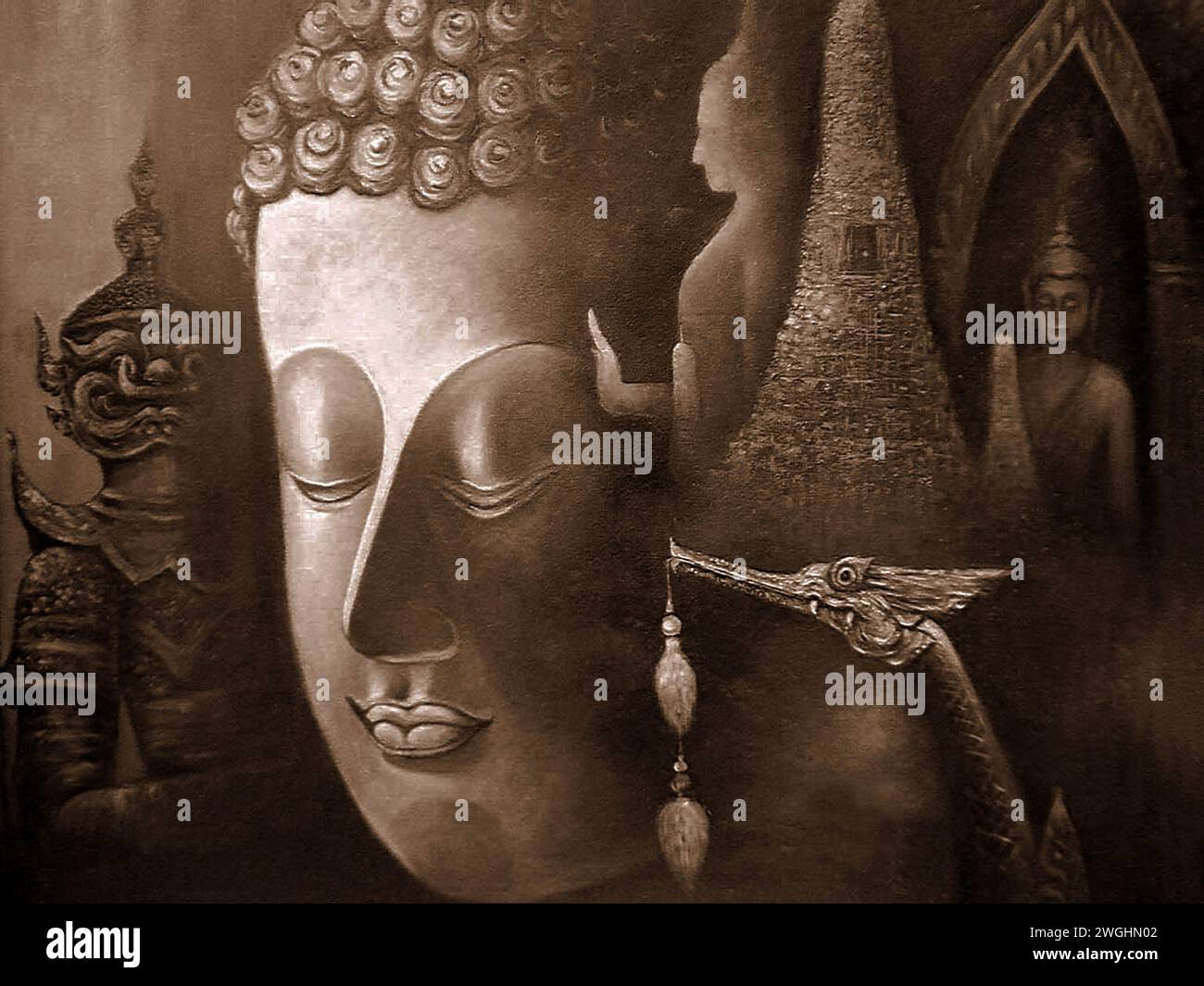 Kunst Gemälde Buddha-Statue aus Thailand mit thailändischem Muster Stockfoto
