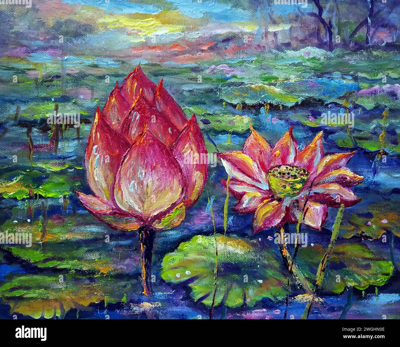 Original Kunstgemälde Ölfarbe Lotusblume und Seerose Stockfoto