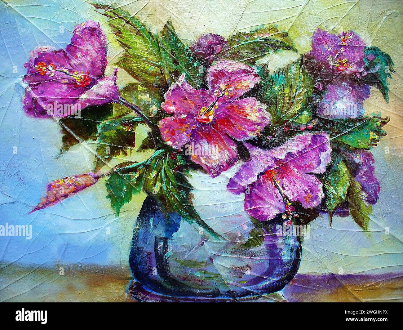 Original Ölgemälde abstrakte Farbe Blütenblatt Blume in Vase Stockfoto