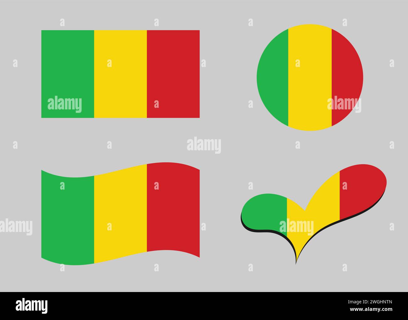 Flagge von Mali. Mali-Flagge in Herzform. Mali-Flagge in Kreisform. Varianten der Landesflagge Stock Vektor