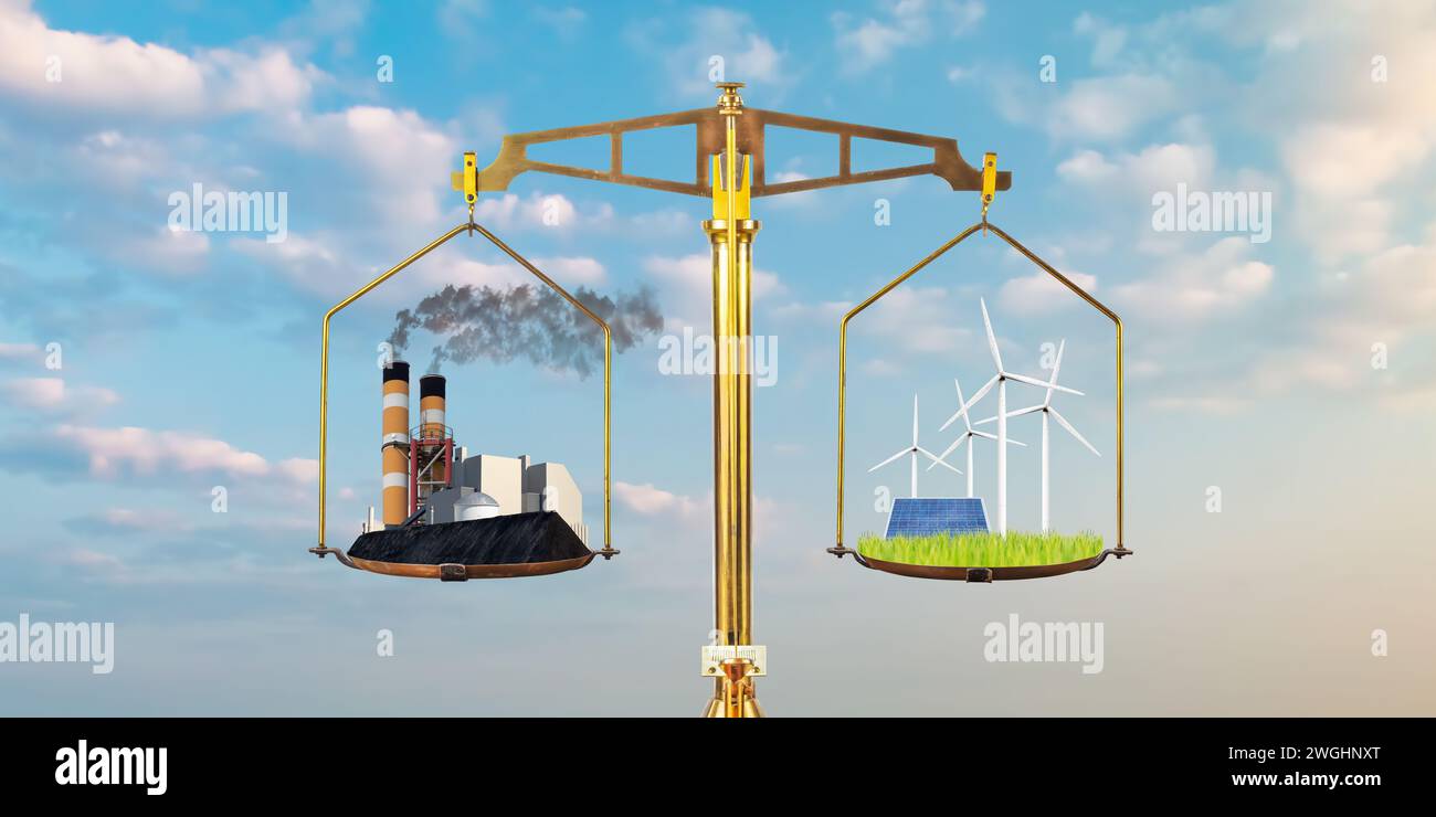 Konzept der konventionellen schadstoffbelastenden Energiefabrik versus erneuerbarer Energie mit Turbinen und Solarpaneelen auf einer Bilanzskala Stockfoto