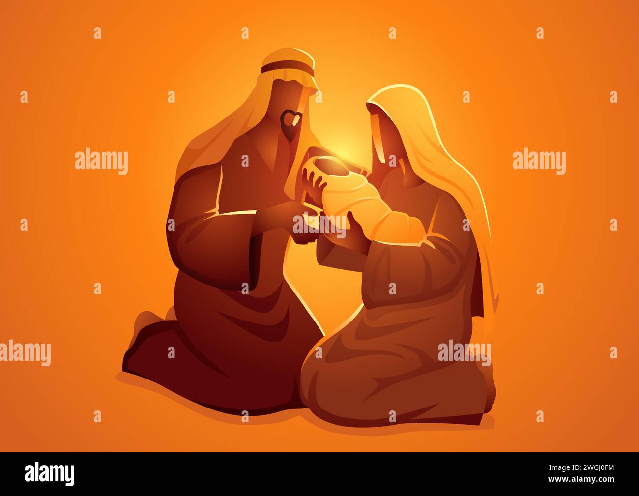 Biblische Vektor-Illustrationsserie, Krippe der Heiligen Familie, Maria und Joseph mit Baby Jesus, Weihnachtsthema Stock Vektor