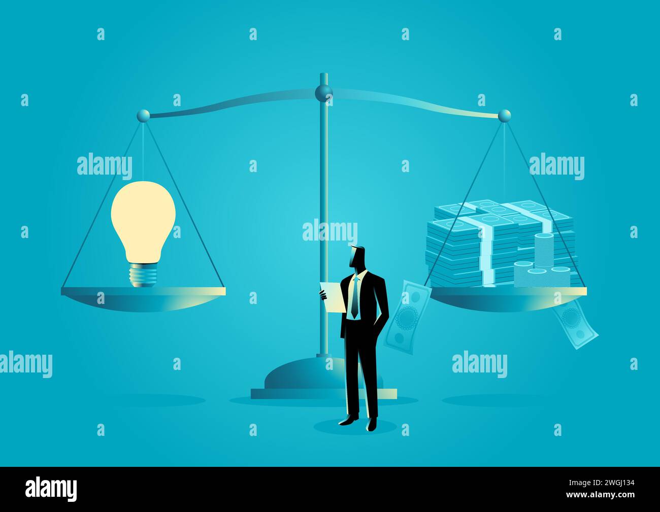 Geschäftskonzept Illustration von Geld und Glühbirne auf einer Skala, Gleichgewicht zwischen Ideen und Geld, Vektorillustration Stock Vektor
