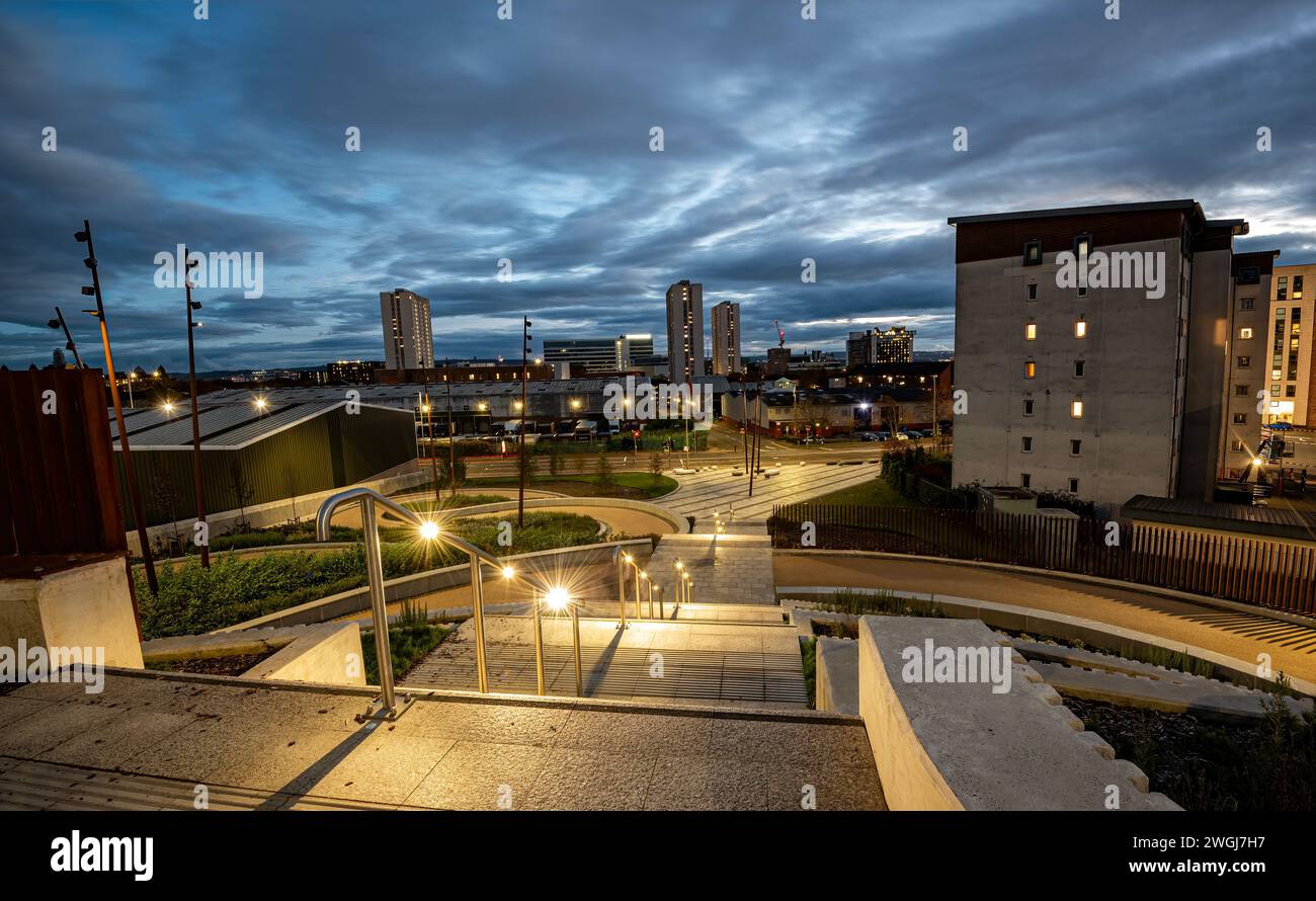Blick auf die Stadt von der Sighthill Bridge, Glasgow, Schottland Stockfoto
