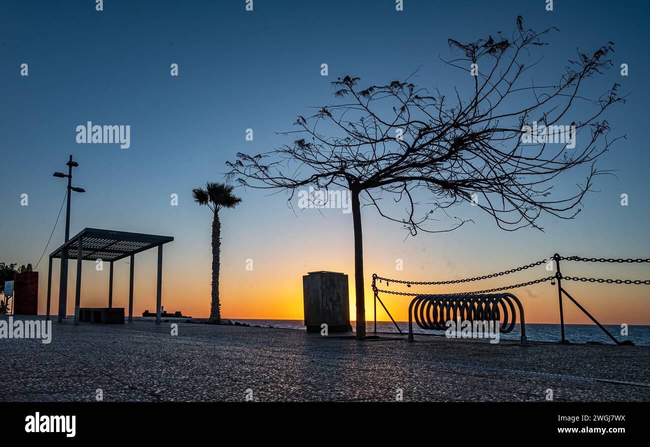 Puerto Del Carmen Sonnenaufgang auf einer einsamen Promenade mit Silhouettenbaum, Fahrradstand und Bushaltestelle. Stockfoto