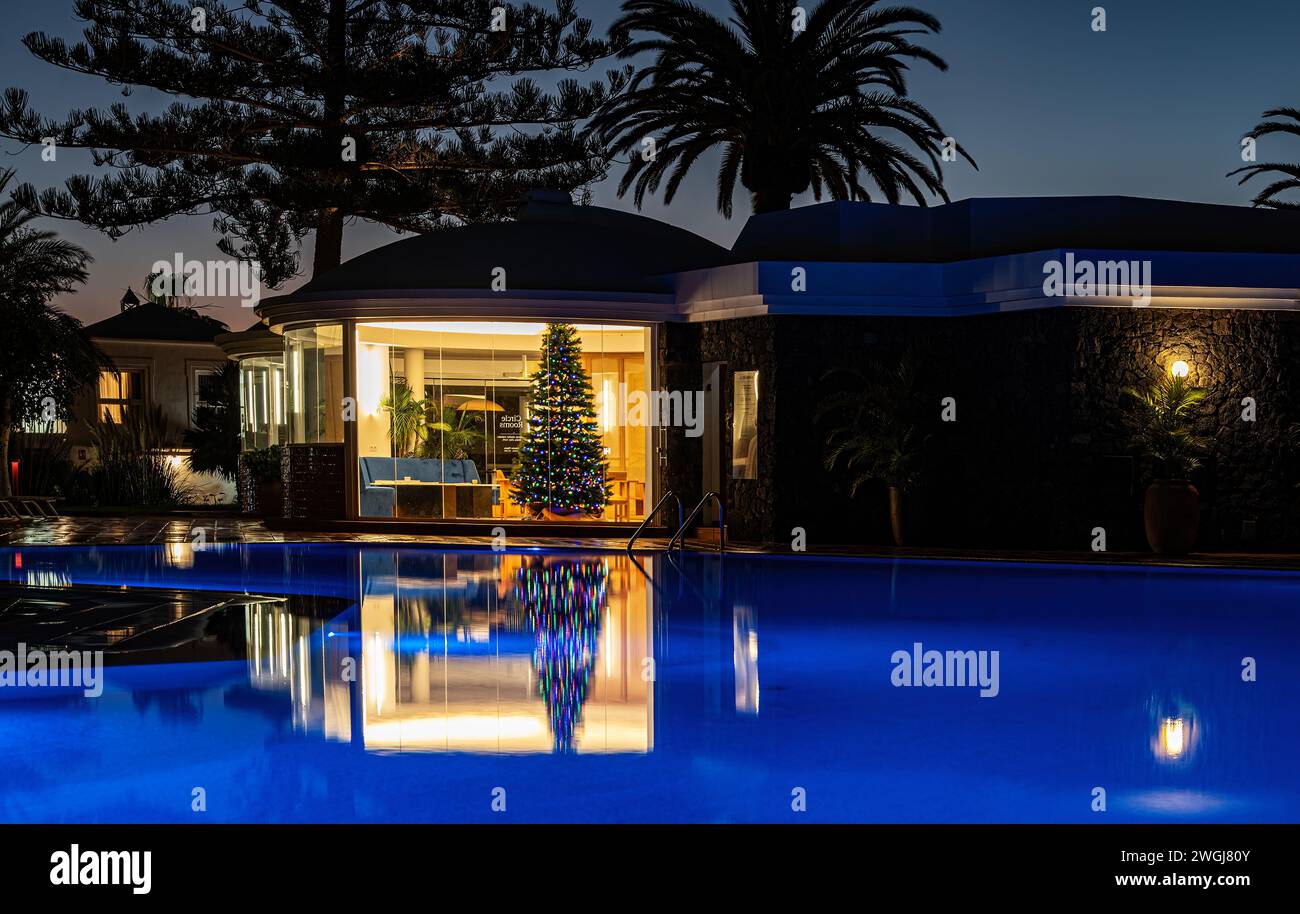 Ferienhotel am Weihnachtsfest mit Chritmas Baum an der Rezeption. Stockfoto