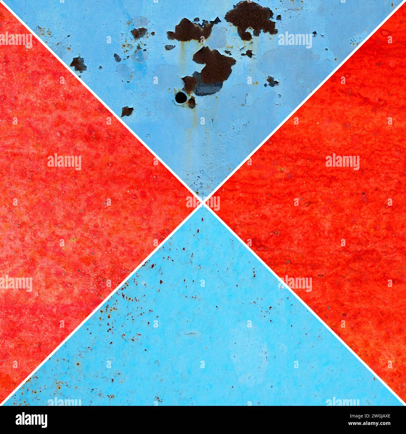 Rotes und blaues Metall und Farbe schaffen strukturierten Wandhintergrund, Collage Stockfoto
