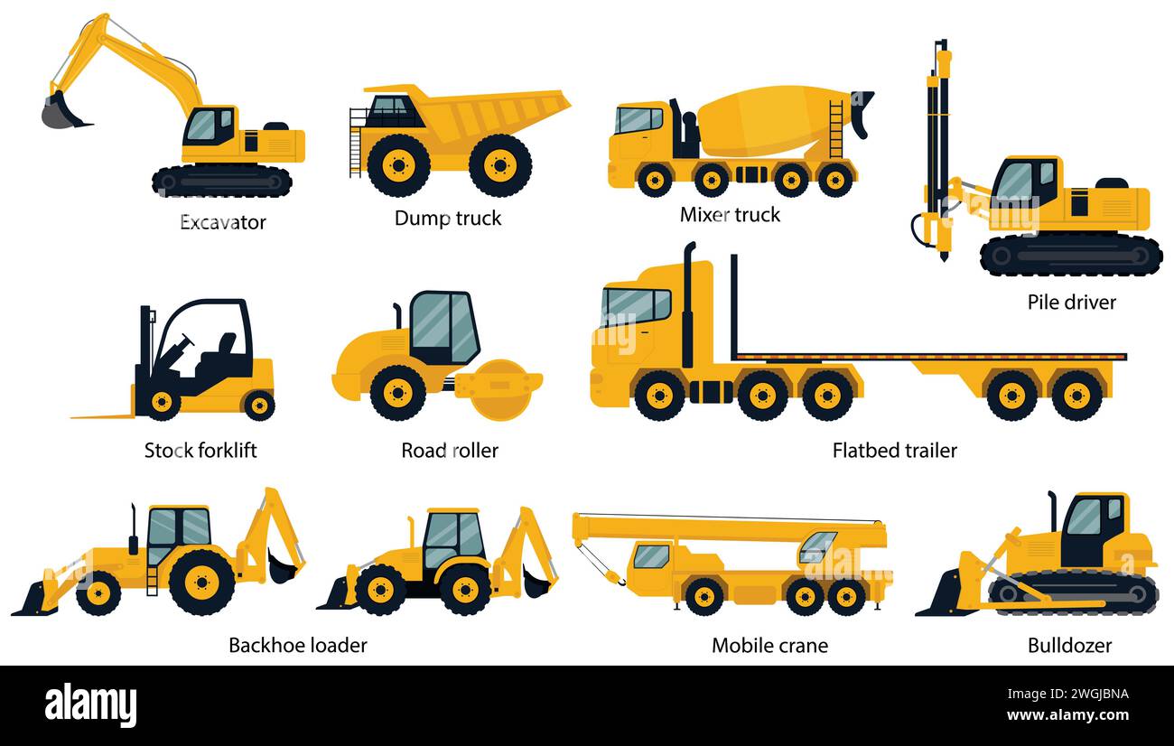 Satz von Baumaschinen. Schwere Maschinen für Bagger, Kipper, LKW, Mischer, LKW, Stapel, Fahrer, Lager, Gabelstapler, Straße, Rollwagen-Anhänger Baggerlader mobiler Kran Bulldozer Stock Vektor