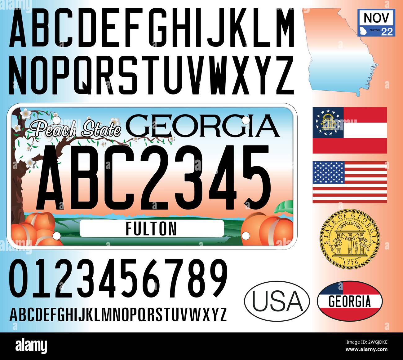 Georgia US State Car Nummernschildmuster, Buchstaben, Zahlen und Symbole, Vektorillustration, USA Stock Vektor