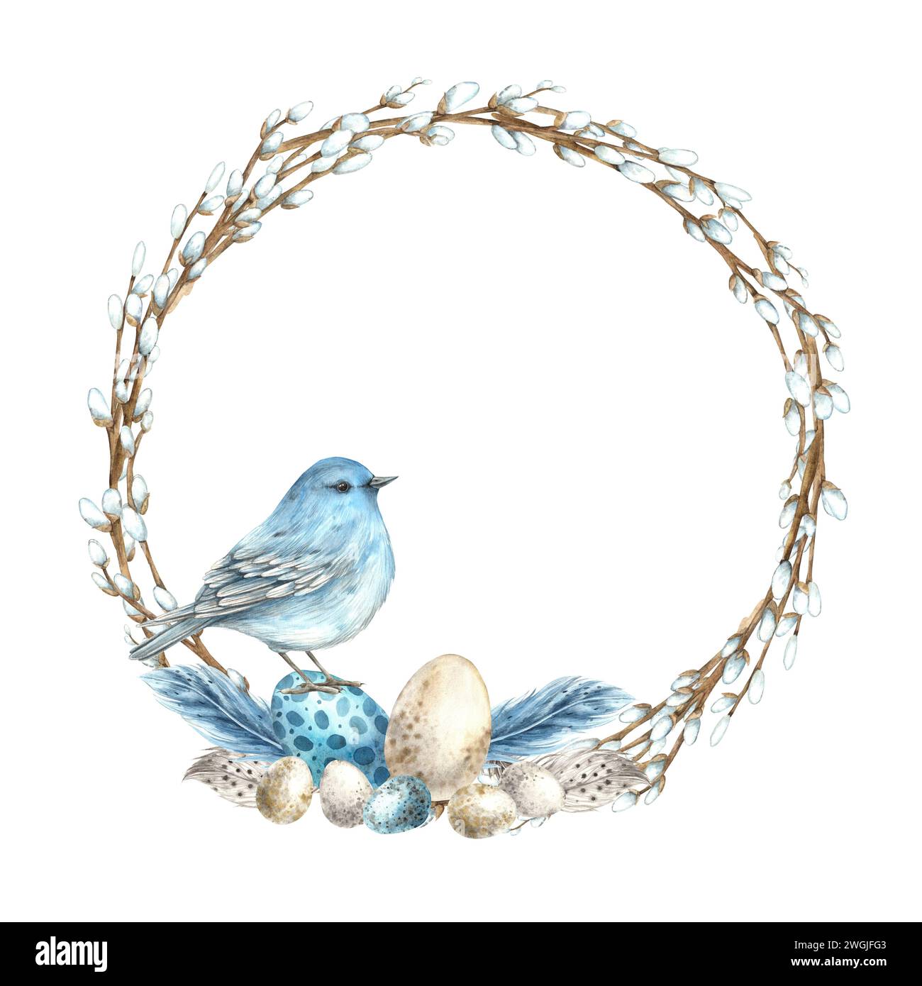 Aquarellweidenkranz mit Eiern, Blauvögeln und verschiedenen Federn. Osterferien Illustration handgezeichnet. Skizze auf isoliertem Hintergrund für g Stockfoto