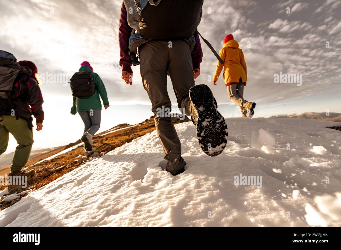 Gruppe von sportlichen jungen Touristen mit Rucksäcken Spaziergänge auf der Bergspitze. Nahaufnahme von Wanderbeinen und Silhouetten Stockfoto