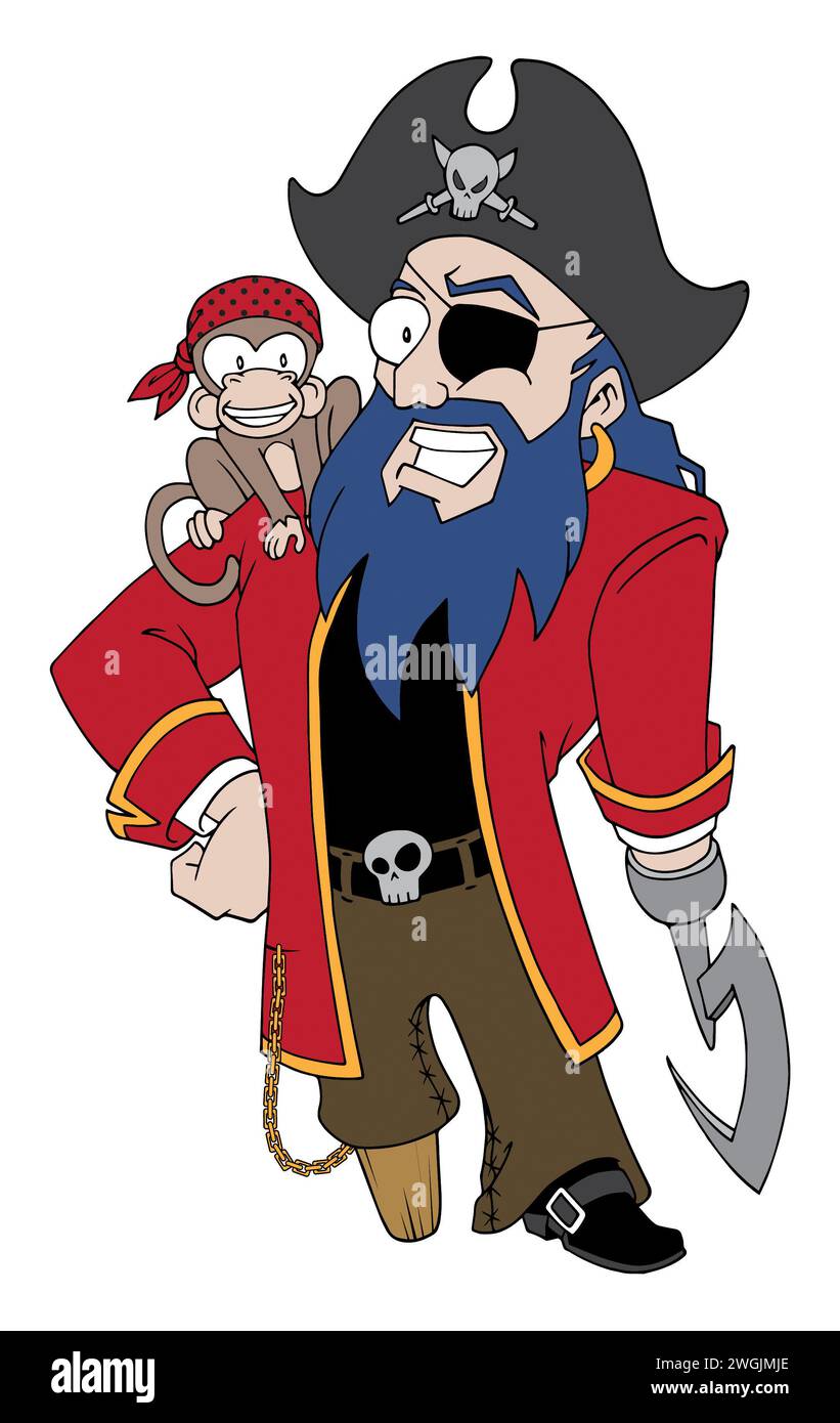 Pirat mit klassischem Outfit mit Pegleg und Affe Stockfoto