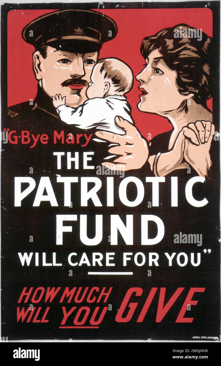 World war One Vintage Canadian war Time Poster für den Patriotic Fund, auf dem ein Soldat auf dem Weg zur Front einen guten Kauf für Baby sagt Stockfoto