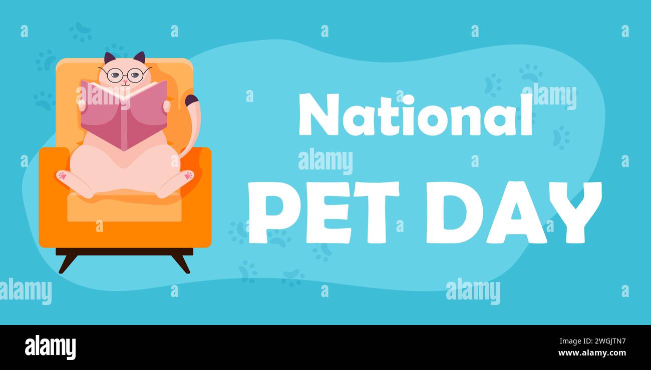 Nationales Haustier-Tagesbanner mit niedlicher Katze. Eine kluge Katze mit Brille sitzt auf einem Stuhl und liest ein Buch. Design für Post, Karten und Banner in sozialen Medien Stock Vektor