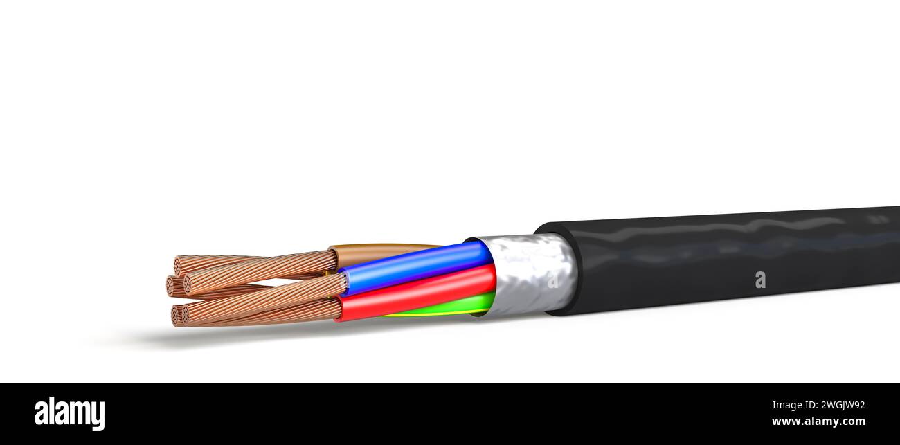 Mehradriges elektrisches Kabel isoliert auf weißem Hintergrund.3d-Rendering Stockfoto