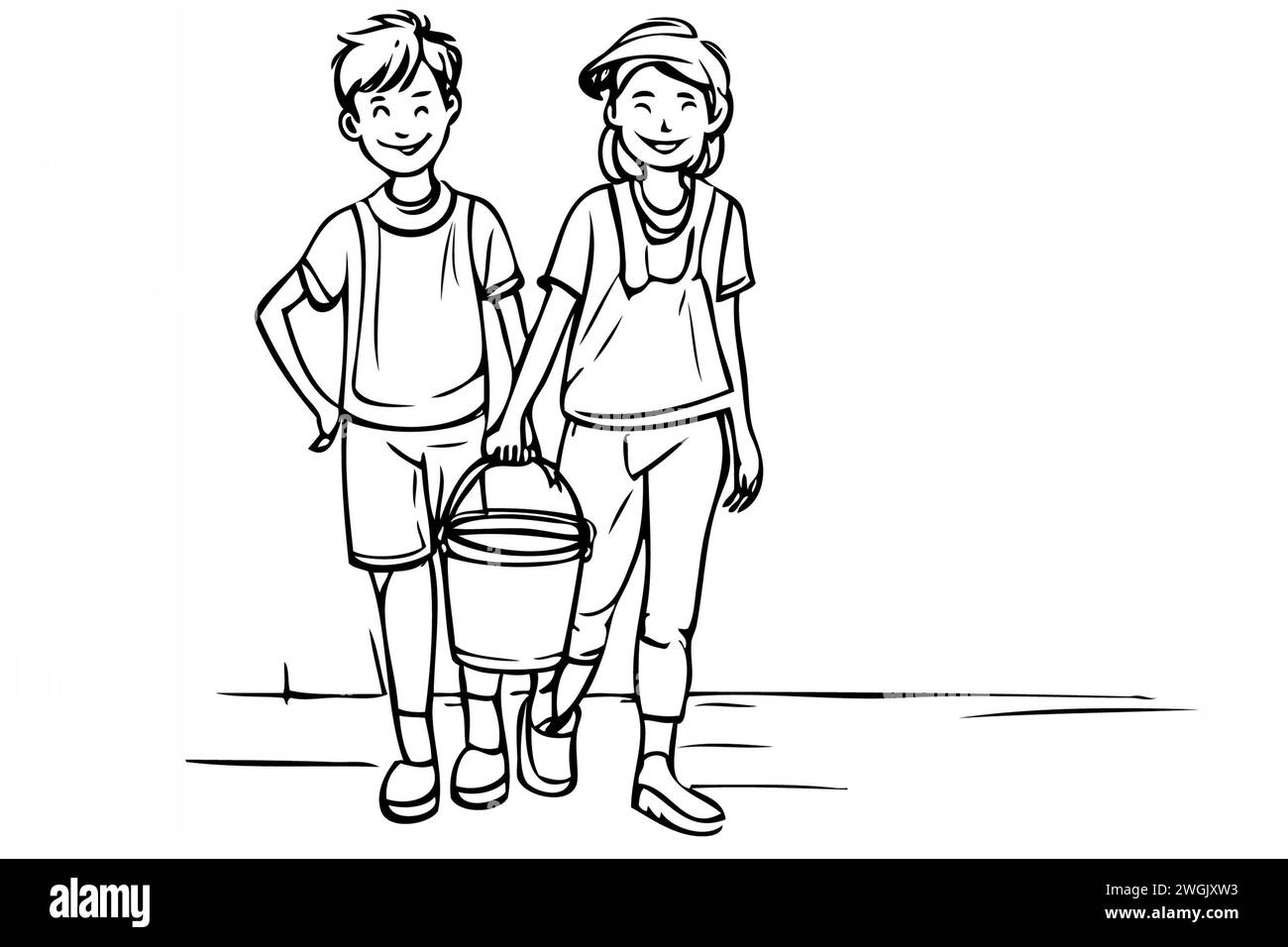 Minimalistische Ikonen, Zeichentrickzeichnungen Jack und Jill, schwarz-weiß, isoliert auf weiß. Teenager Hand in Hand Stockfoto