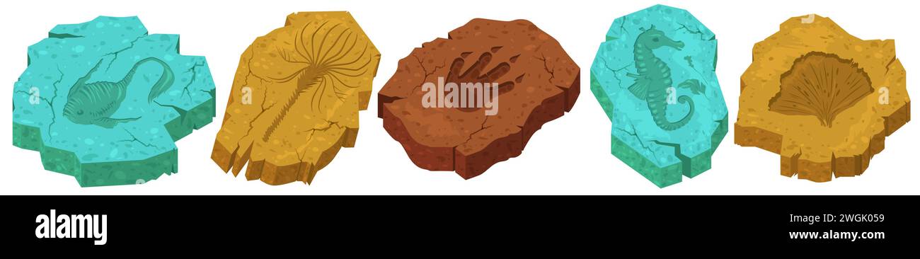 Fossiliensteine mit verschiedenen prähistorischen Kreaturen und Pflanzen Silhouetten Stock Vektor
