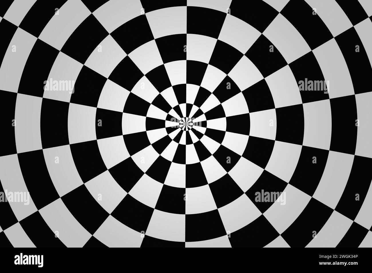 Kreisförmiges Schachbrett mit Fluchtpunkt-Hintergrund. Stockfoto