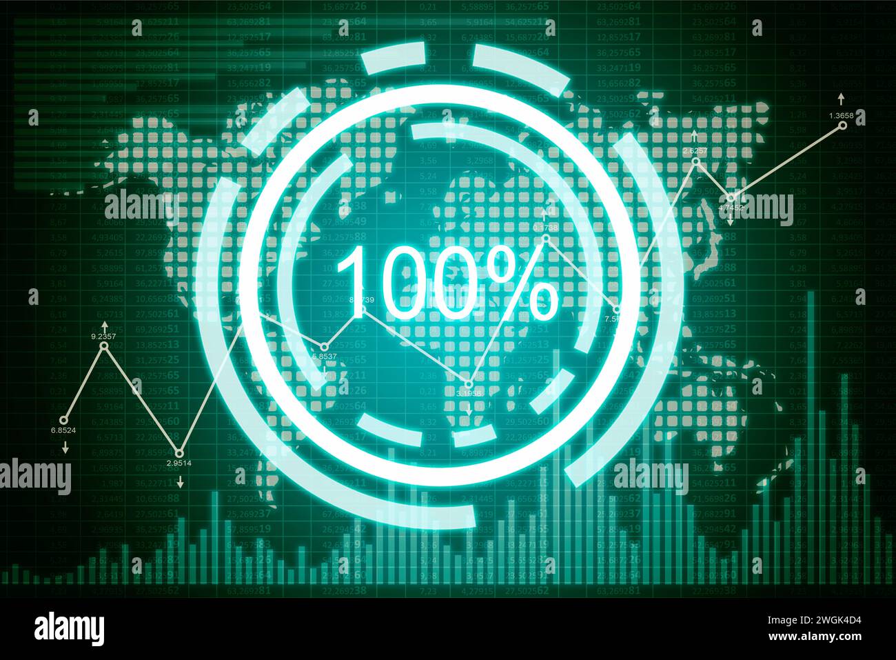 Digitale Weltkarte, Aktiendiagramm und Schnittstelle zur Analyse von Investitionen auf virtuellem Bildschirm. Finanz- und Handelsmarketing-Konzept. 3D-Rendering Stockfoto