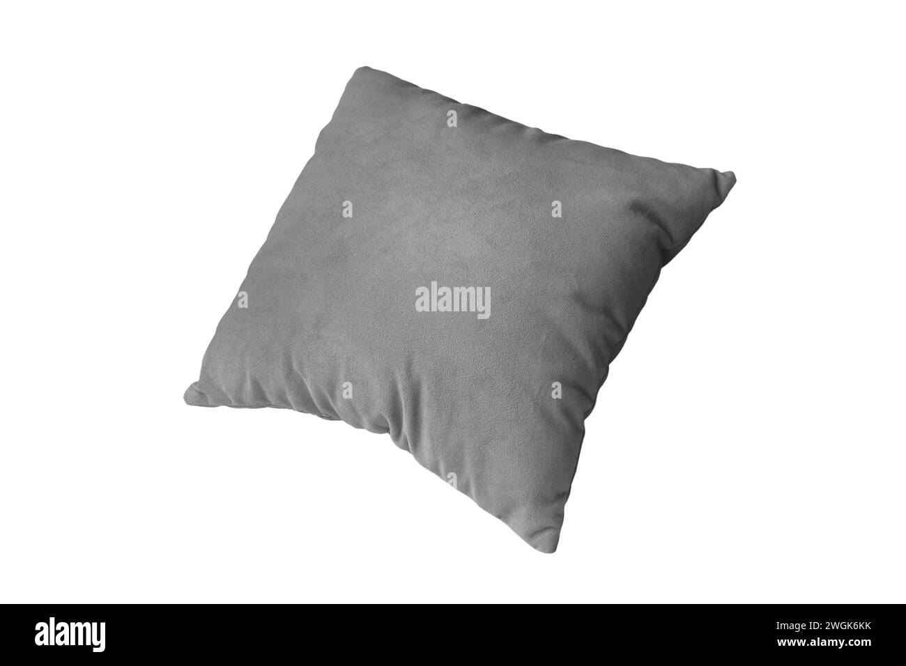 Dekoratives graues rechteckiges Kissen zum Schlafen und Ausruhen isoliert auf weißem Hintergrund. Kissen für Inneneinrichtung, Kissenbezug Mockup, Vorlage Stockfoto