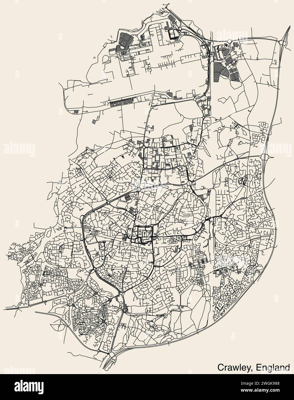 Straßenkarte der britischen Stadt CRAWLEY, ENGLAND Stock Vektor