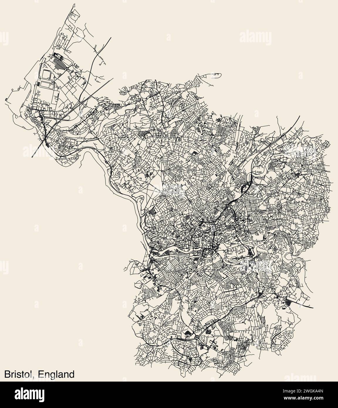 Straßenkarte der britischen Stadt BRISTOL, ENGLAND Stock Vektor