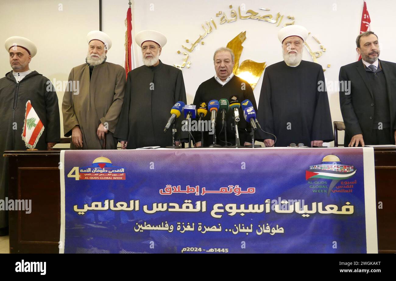 Beirut, Libanon. Februar 2024. 4 Initiative der Al-Quds Global Week beim Pressesyndacate in Beirut, Libanon, am 5. Februar 2024. (Foto: Elisa Gestri/SIPA USA) Credit: SIPA USA/Alamy Live News Stockfoto