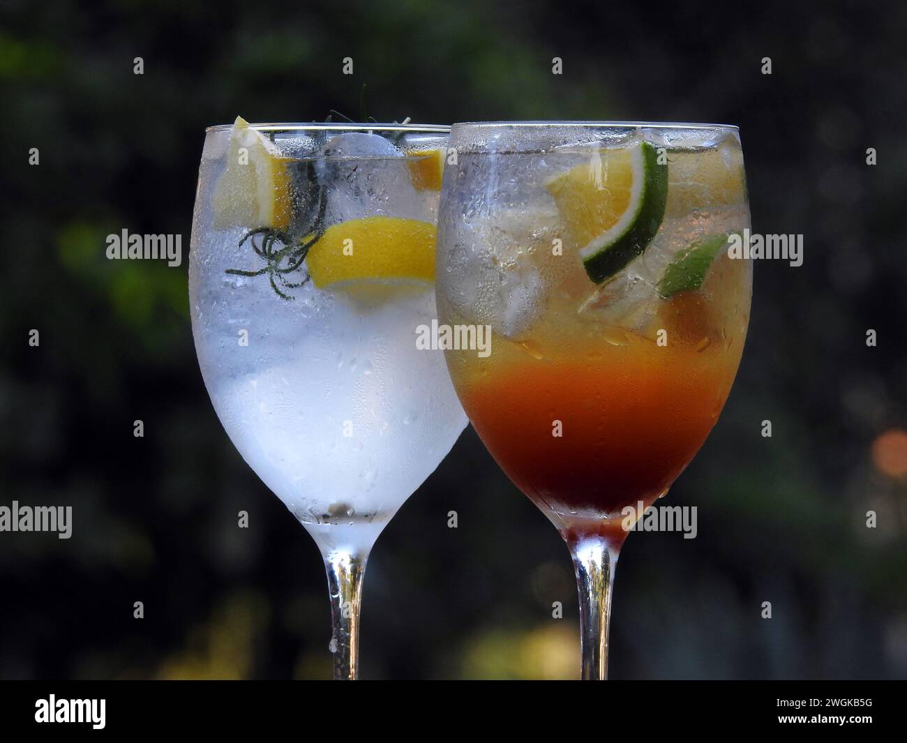 Erfrischende Getränke Gin Tonic mit Zitrone und Rosmarin und Gin Tonic mit Zitrone und Espresso Stockfoto