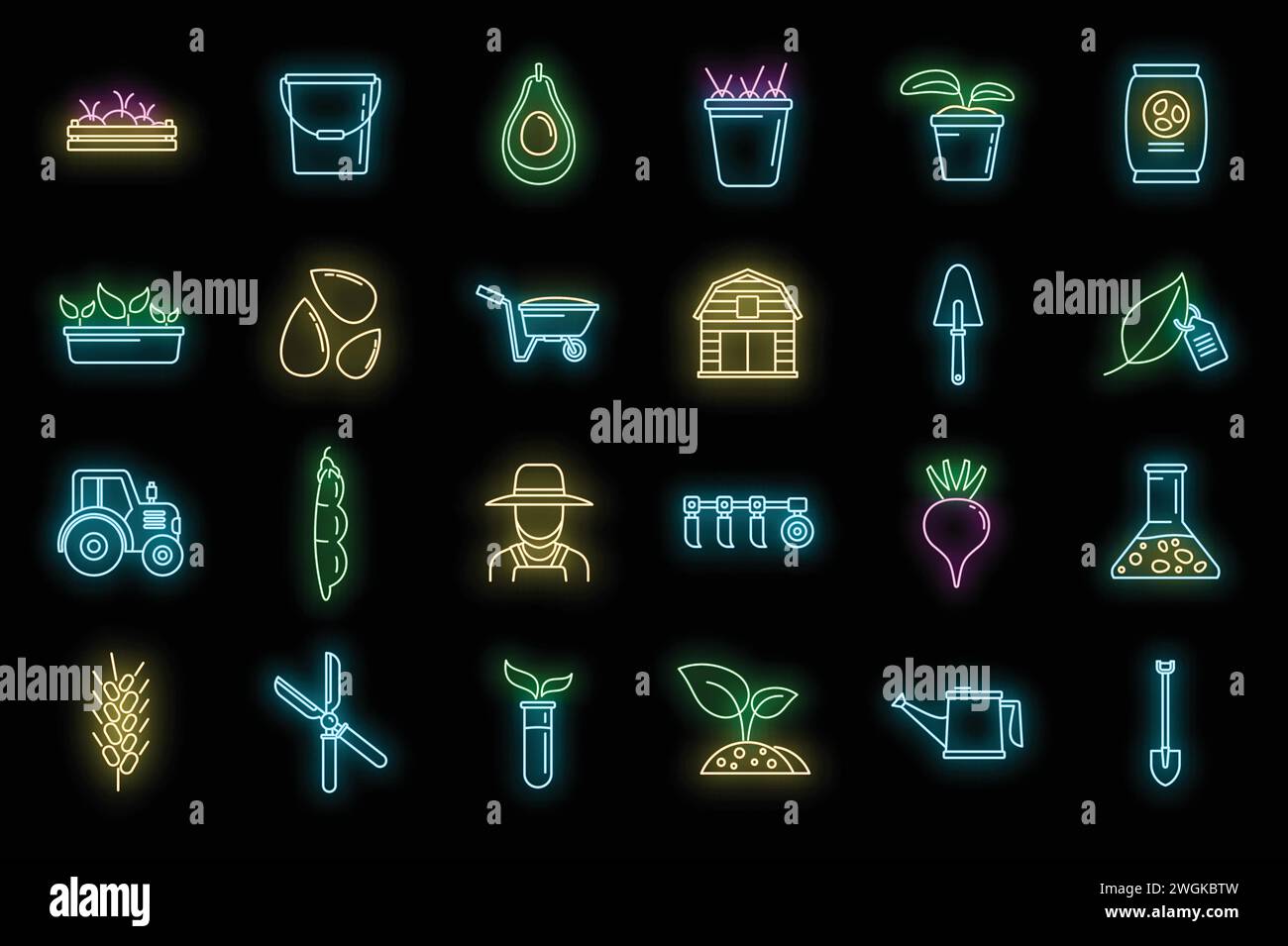 Symbolsatz für Agronomist-Werkzeuge. Kontursatz von agronomistischen Werkzeugen Vektorsymbole Neonfarbe auf Schwarz Stock Vektor