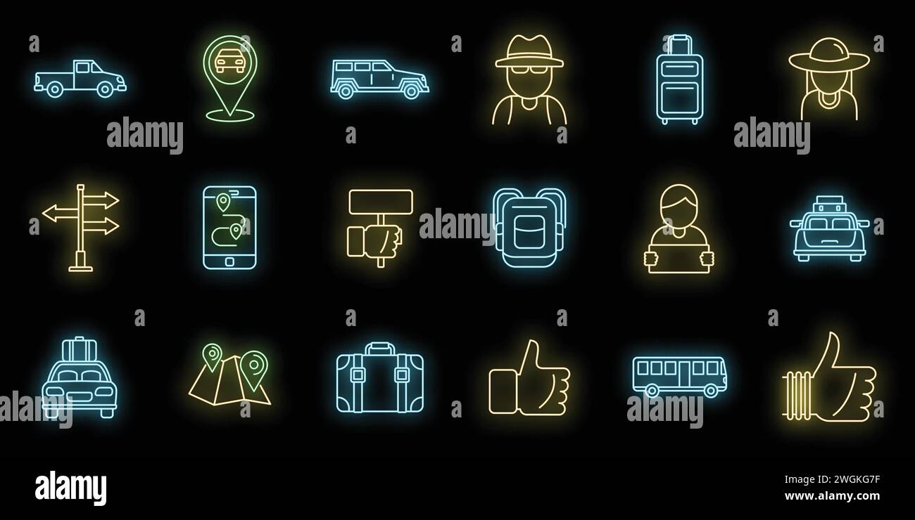 Set mit Autosymbolen per Anhalter. Umrisssatz von per Anhalter fahrenden Vektorsymbolen Neonfarbe auf Schwarz Stock Vektor