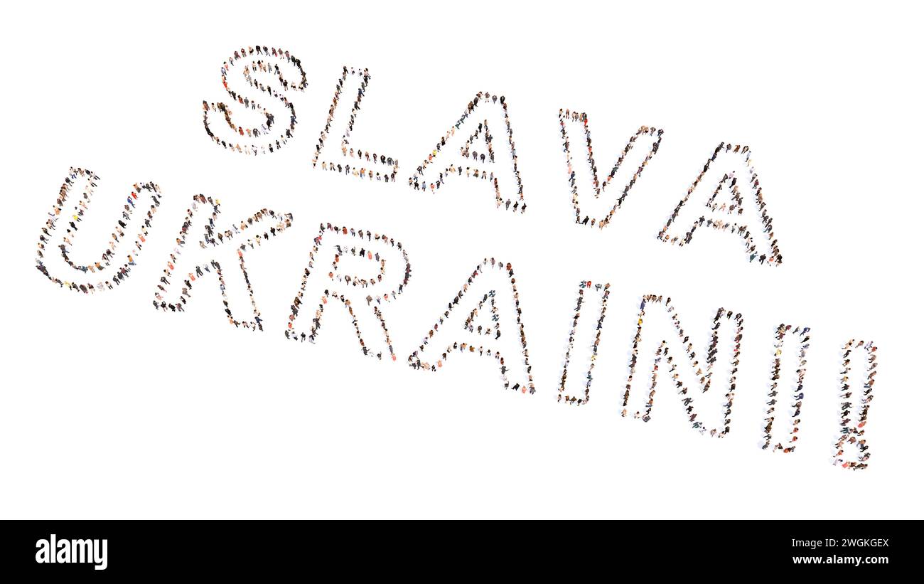 Konzept oder konzeptionelle große Gemeinschaft von Menschen, die SLAVA UKRAINI-Botschaft bilden. 3D-Illustrationsmetapher für Patriotismus, Entschlossenheit, Motivation Stockfoto