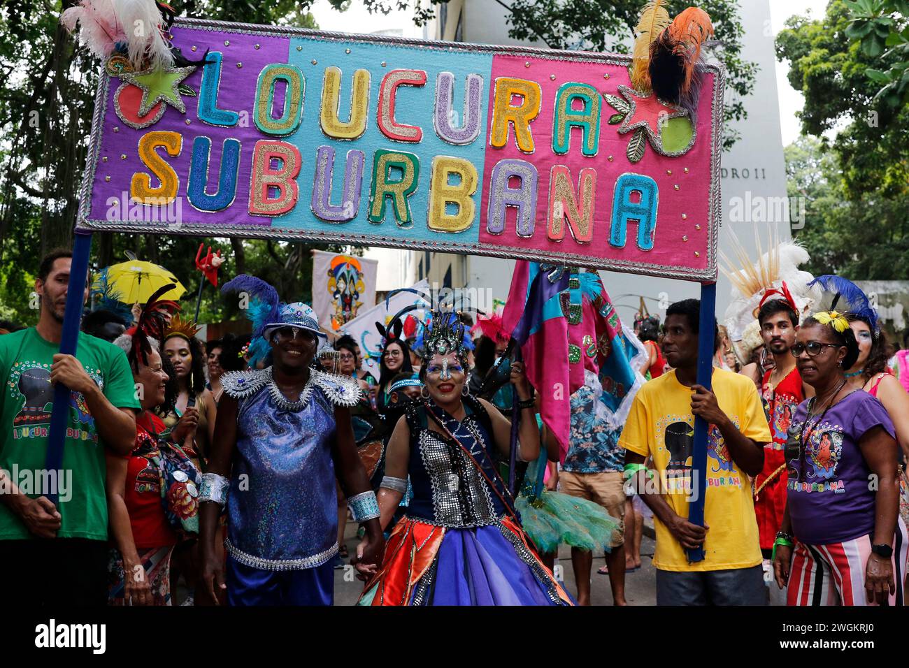 Karnevalsparade für Menschen mit Geisteskrankheiten. Loucura Suburbana-Gruppe mit Patienten des Gesundheitsnetzwerks des NISE da Silveira Instituts in Kostümen Stockfoto