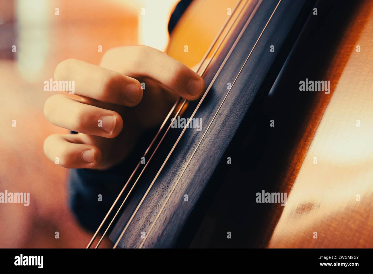 Junger Cellospieler, der seine Noten übt. Stockfoto