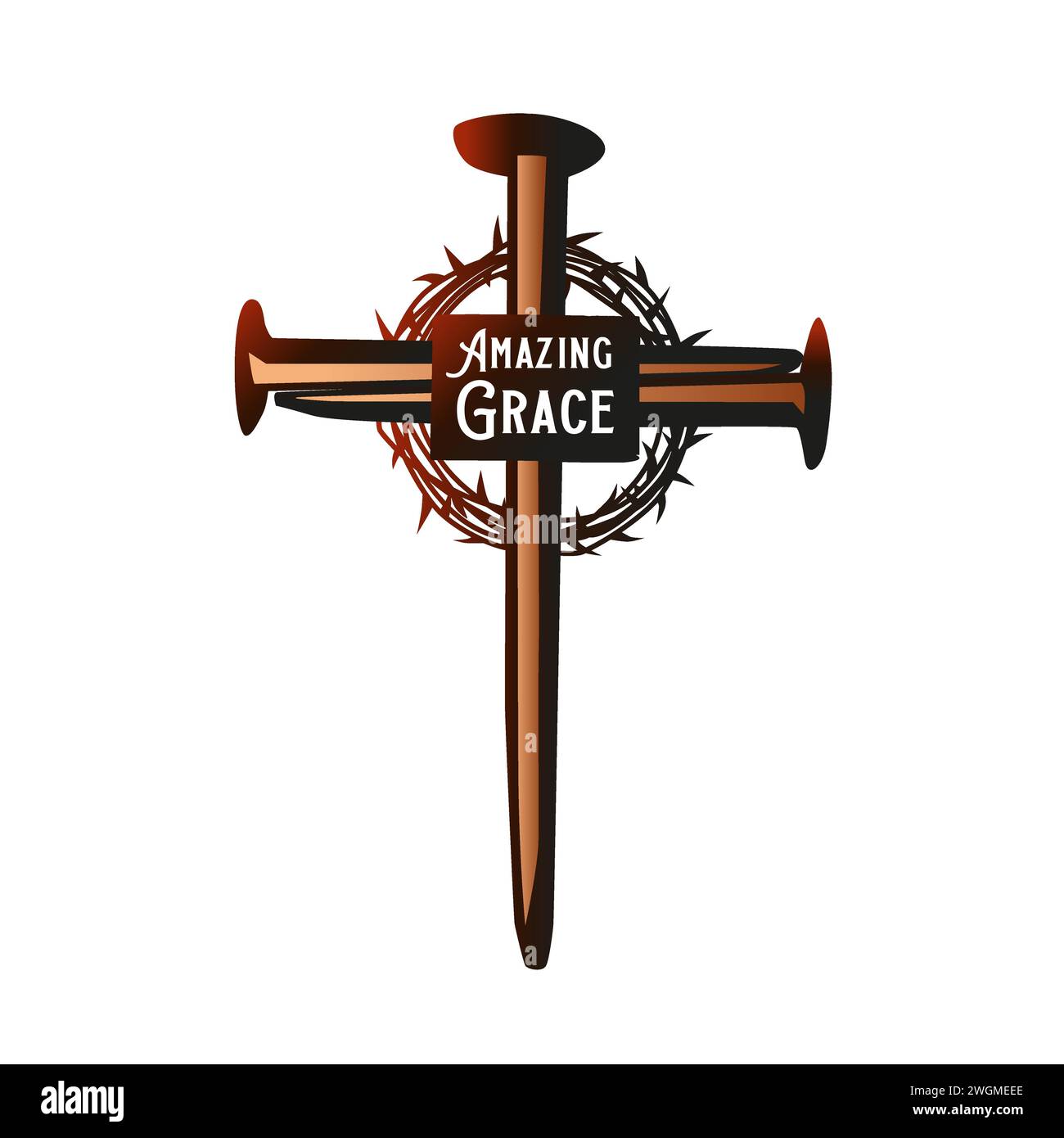 Erstaunliche Gnade, Jesus Christus Kreuz aus Nägeln. Karfreitags- oder Ostersonntags-Konzept mit Dornenkrone und Kreuz-Nägeln. Christliches Liedzitat Stock Vektor