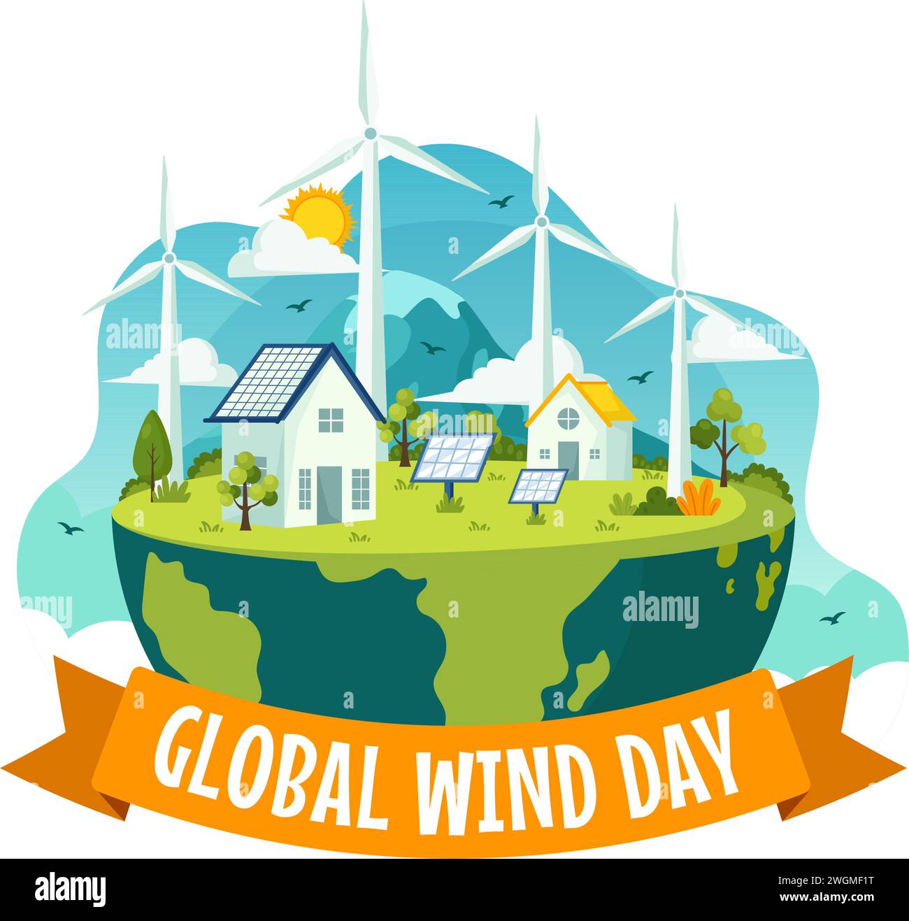 Global Wind Day Vector Illustration am 15. Juni mit Erdkugel und Winde Turbinen für Energie und Energiesysteme auf blauem Himmel in flachem Cartoon Hintergrund Stock Vektor
