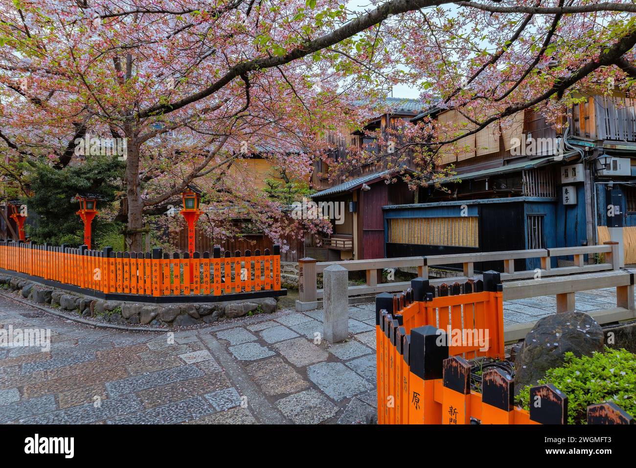 Kyoto, Japan - 6. April 2023: Die Tatsumi-Bashi-Brücke ist der berühmte Ort des Stadtteils Gion. Es ist eine kleine Brücke, die den Fluss Shirakawa überquert Stockfoto