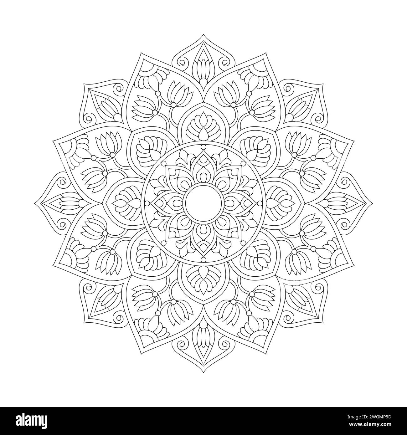 Radial Affirmations Mandala Colour Book Page für KDP Book Interior. Friedliche Blütenblätter, Fähigkeit zum Entspannen, Gehirnerlebnisse, harmonischer Hafen, friedlich Stock Vektor