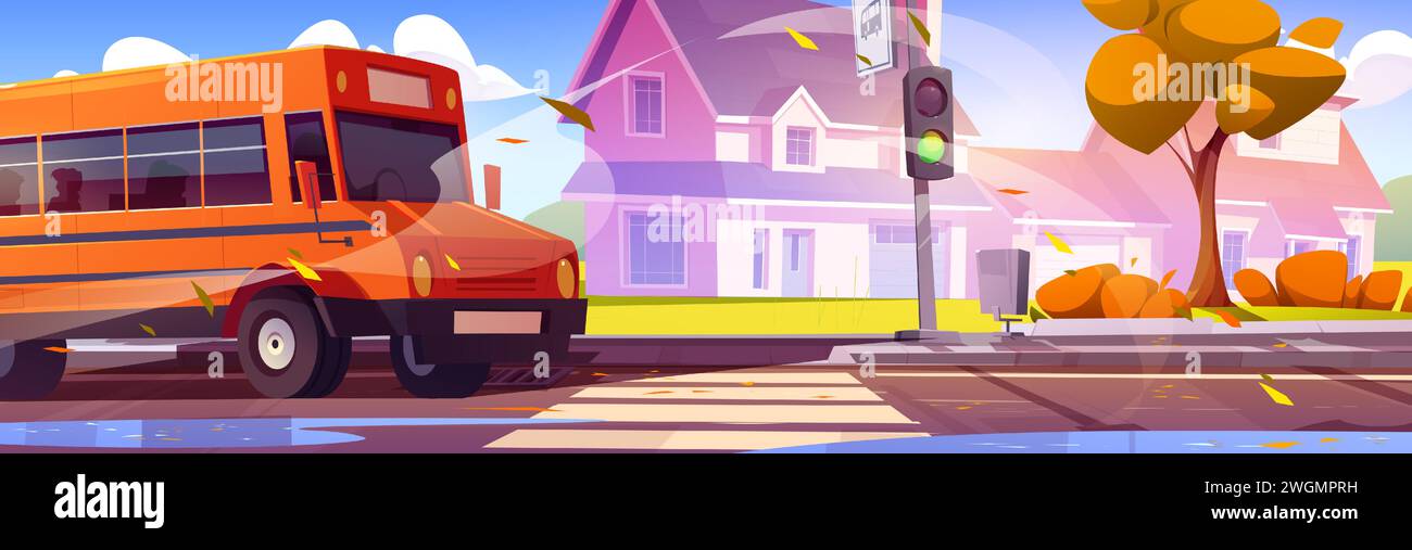 Schulbus fährt Vorstadtstraße mit Straßenübergang, Ampel und Fußgängerweg, Privathäuser und Bäume im Herbst. Cartoon Country Herbstsaison Stadtlandschaft mit Kindertransport. Stock Vektor