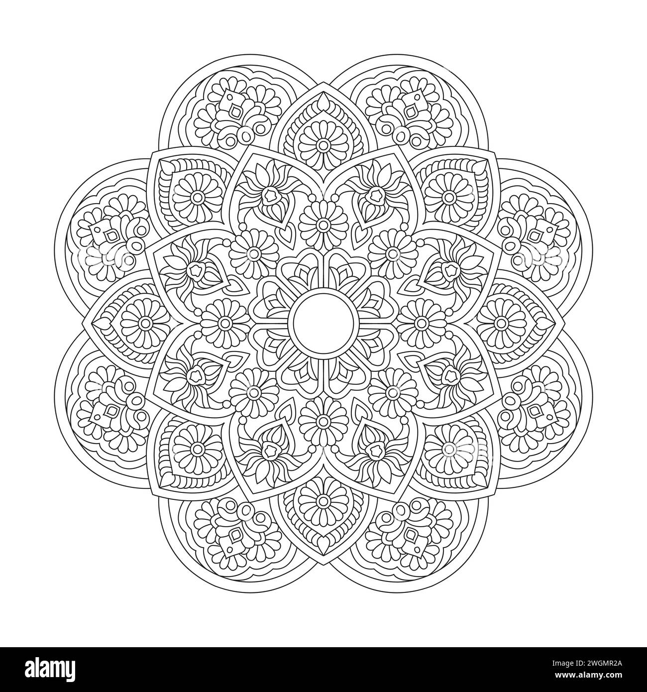 Friedliche Whirlwind Mandala Malbuchseite für kdp Book Interior. Friedliche Blütenblätter, Fähigkeit zum Entspannen, Gehirnerlebnisse, harmonischer Hafen, friedlich Stock Vektor