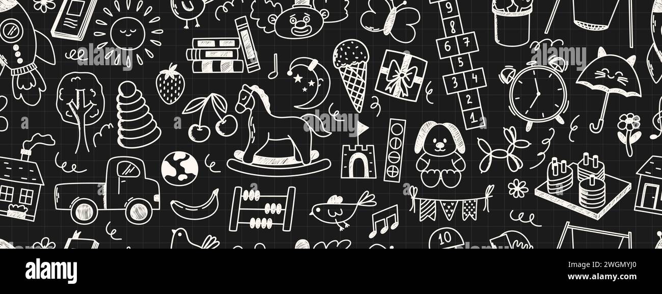 Nahtloses Muster mit Doodle-Elementen für die Tagespflege. Rakete, Hopscotch, Spielzeug, Pferd, Haus, Sonne und andere Elemente. Mit Kreidestruktur gekritzelt Stock Vektor