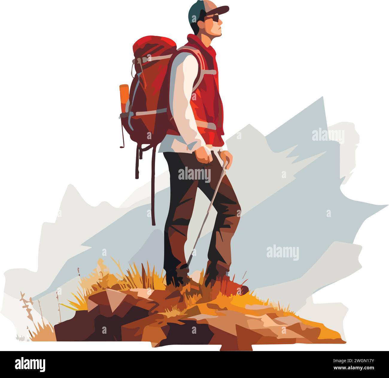 Wanderer Wandern oder Trekking mit Rucksack Wandern in Bergwald im Freien Wildnislandschaft, Vektor-Illustration in flachem Stil Stock Vektor